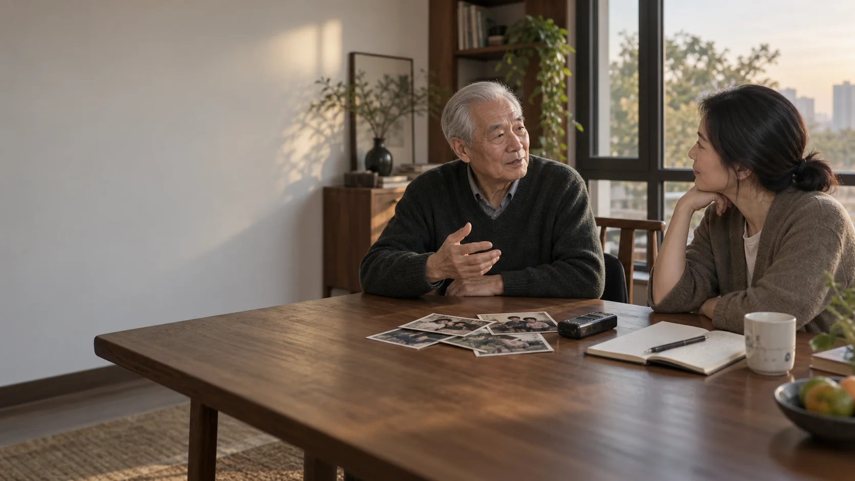 长辈与家人在家中根据老照片进行人生故事访谈